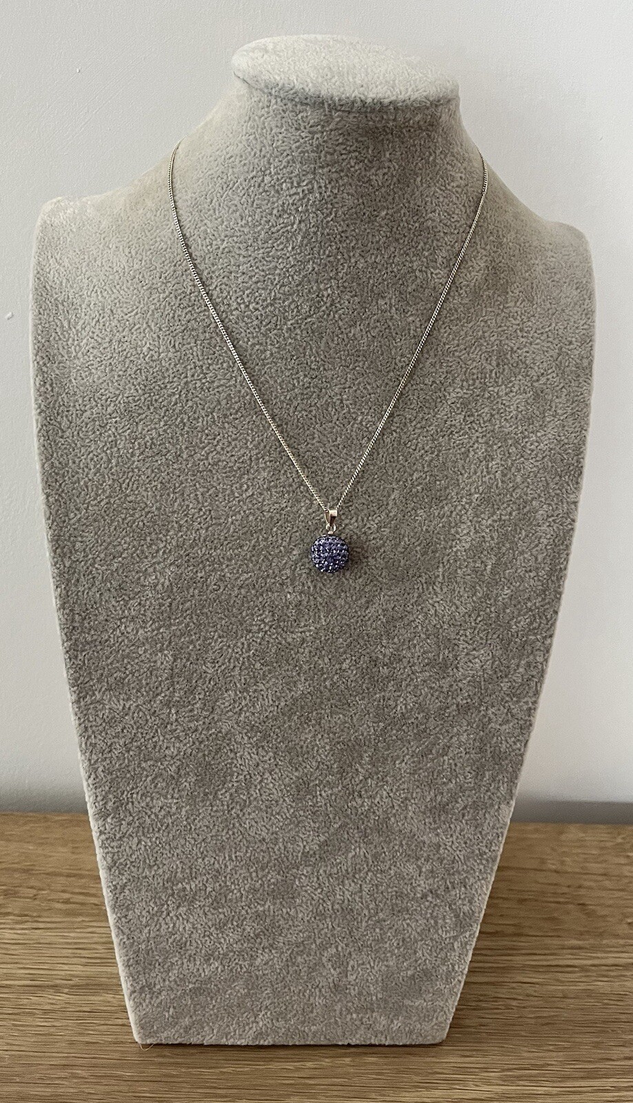 Sterling Silver Purple Crystal Set Ball Pendant On Chain, Very Good Condition