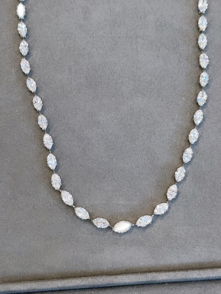 11.75 Ctw Marquise Cut VVS Real Moissanite Charm Necklace 14K White Gold Plated.