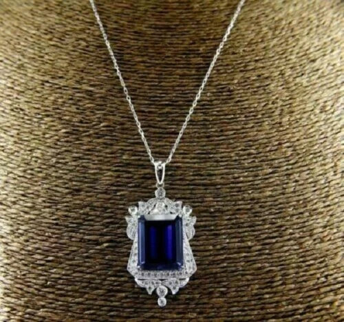 3.50Ct Emerald Cut Blue Sapphire Designer Pendant Free Chain 14K White Gold Ove