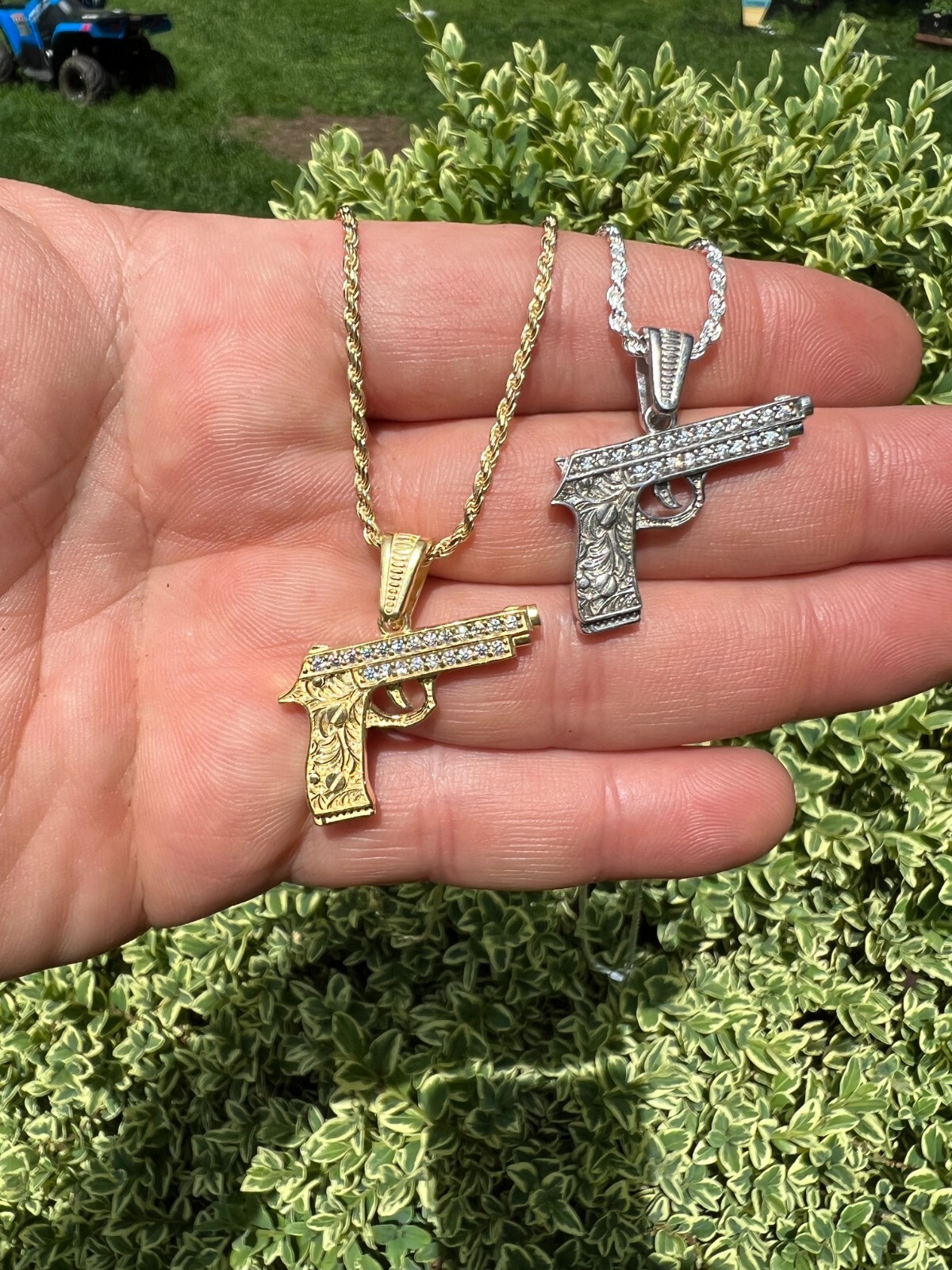 Real 925 Silver / 14k Gold Plated Gun Desert Eagle Pistol Pendant Necklace CZ