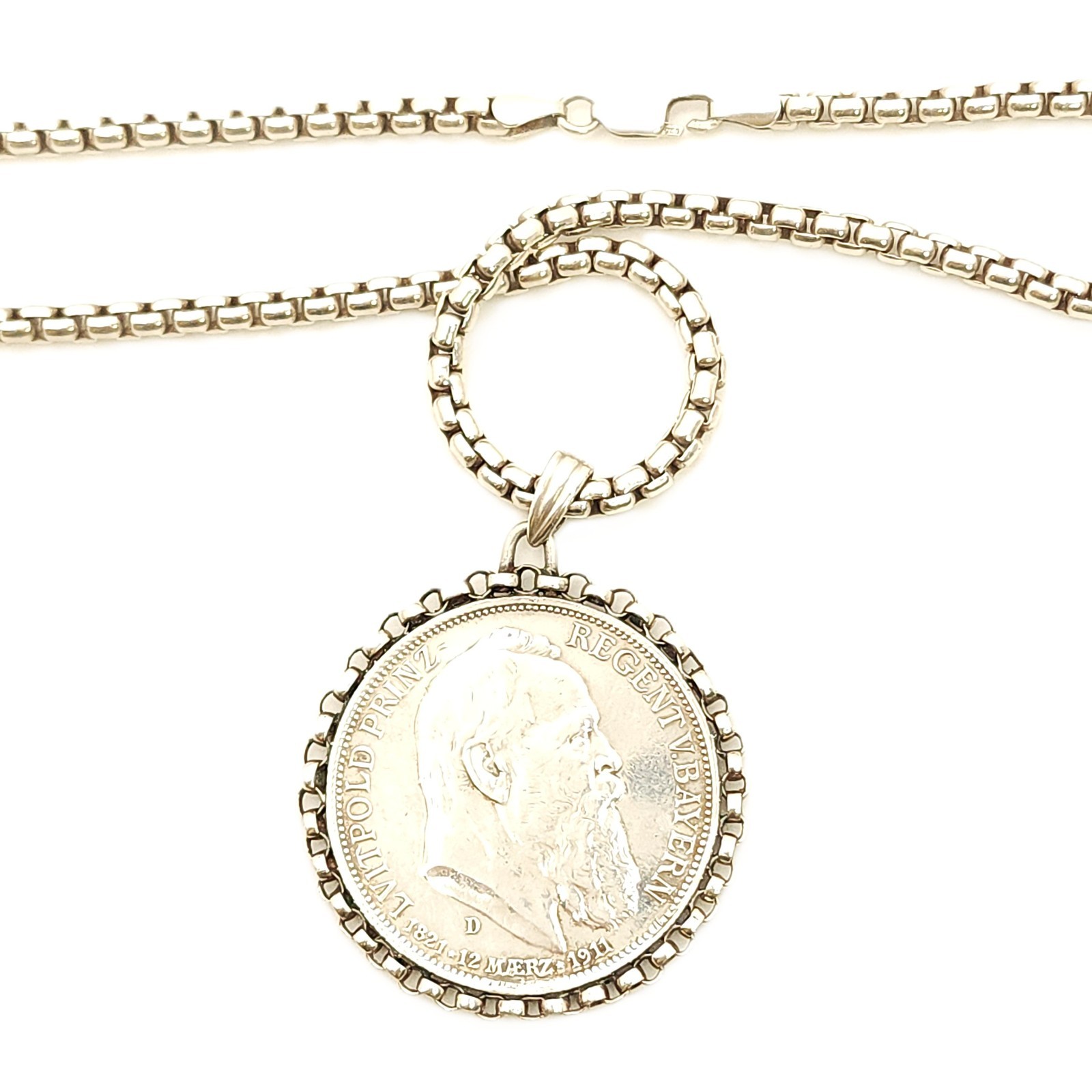 Sterling Silver Rounded Box Chain with 1911-D German Empire 3 Mark Pendant- 