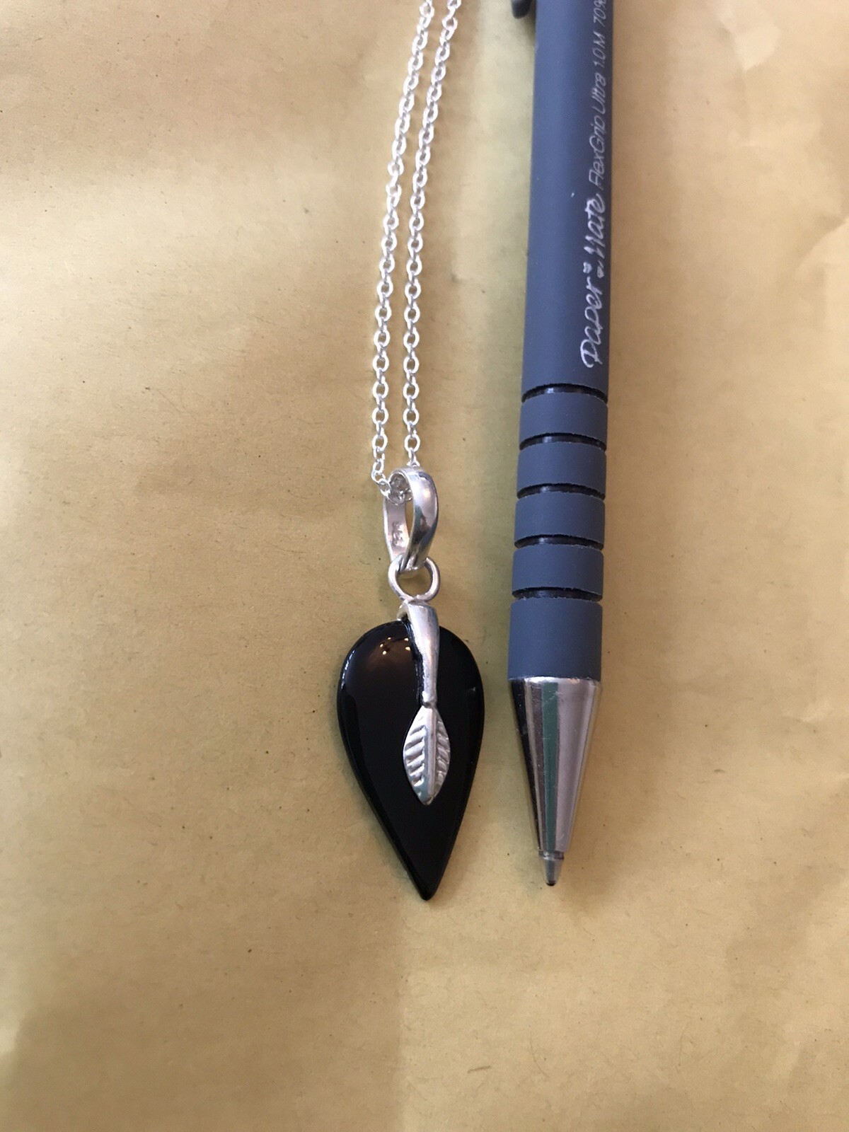 Black Onyx Modernist 925 Silver Pendant and Chain 20”.Leaf Design.UK SELLER.NEW