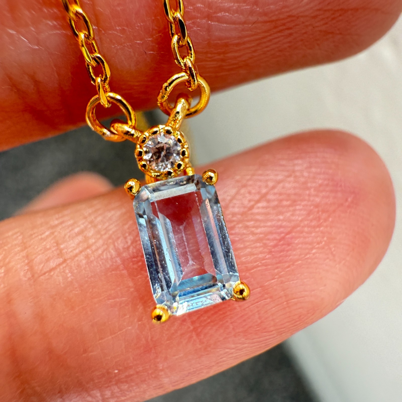 925 Sterling Silver Necklace 6x4mm Natural Blue Aquamarine 14K Gold Plated Chain