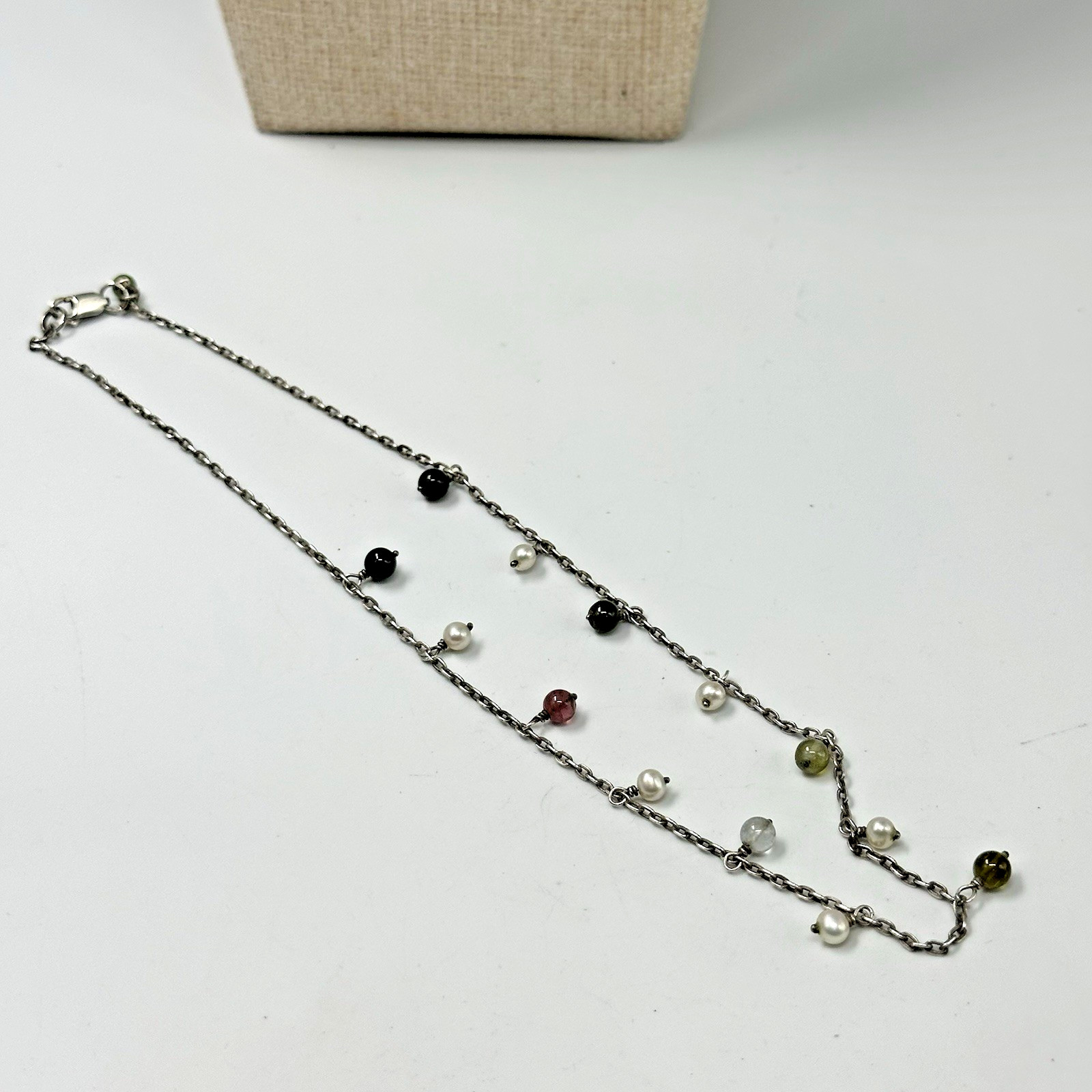 Sterling Silver Mixed Gemstone Pearl Station Necklace Dangling Multicolor Beads