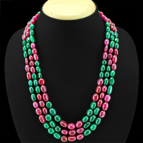 436.00 CT EARTH MINED RED RUBY & GREEN EMERALD 3 LINE ROUND BEADS NECKLACE (RS)