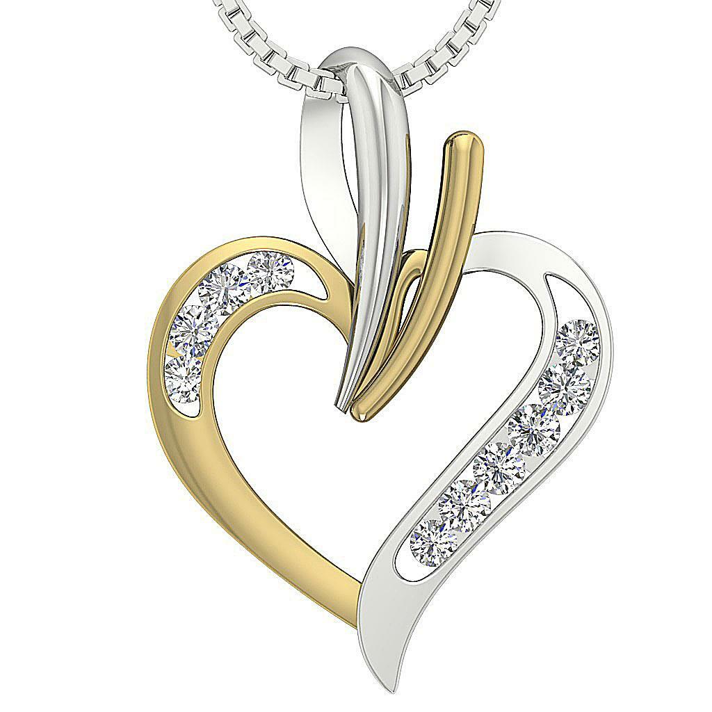Heart Pendant Necklace SI1 G 0.40 Ct Round Diamond 14K Two-Tone Gold Channel Set