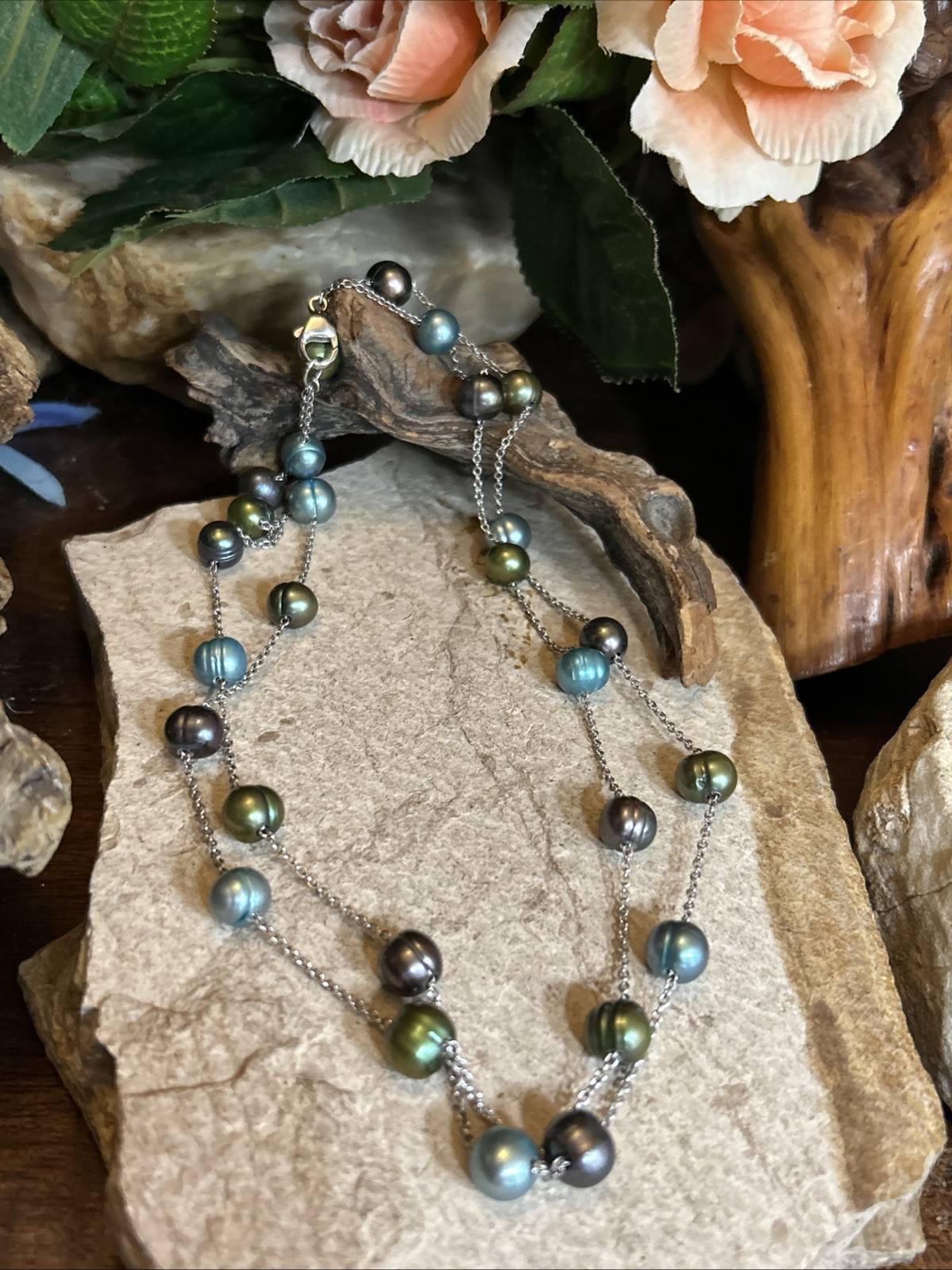 32. HONORA Sterling 925 Peacock Green Blue Pearl Station Necklace 36″, 26.7g
