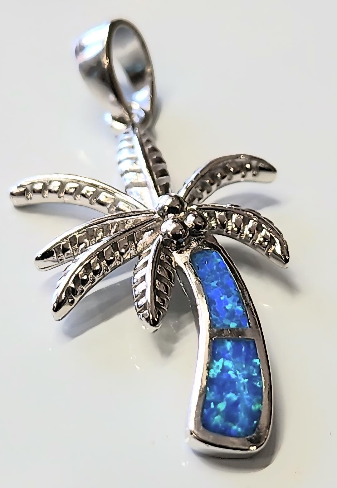 Palm Tree pendant Blue Opal Stone 925 Sterling Silver