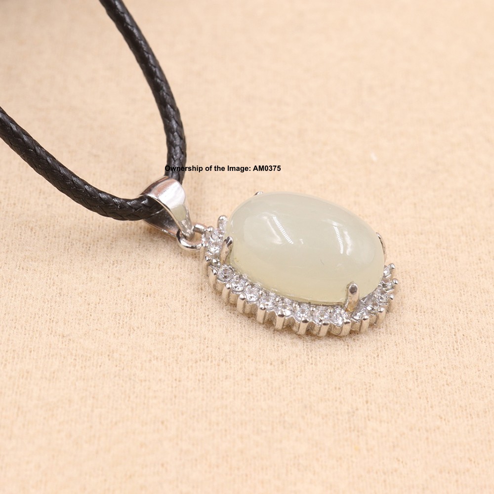 NEW Natural White Jade Oval Pendant 925 Sterling Silver Pendant