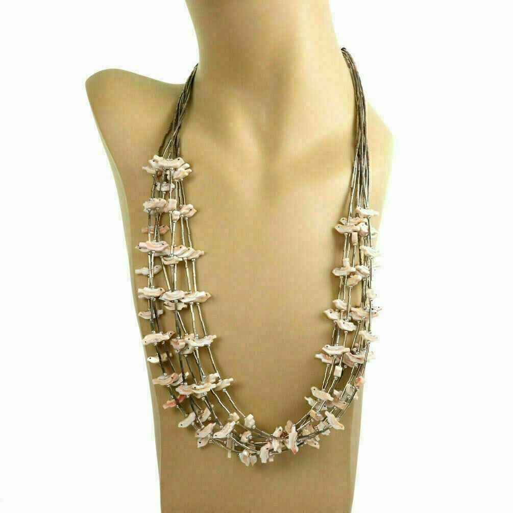 Vintage Multi-Strand Mother of Pearl Fetish Bird Sterling Silver Necklace