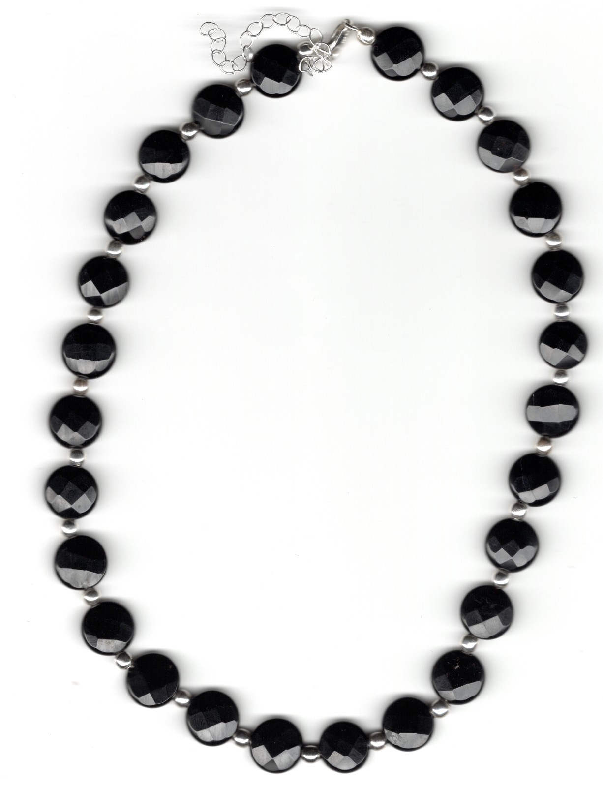 Black Onyx Beaded Necklace Faceted Oval Beads 925 FSA 16-19in