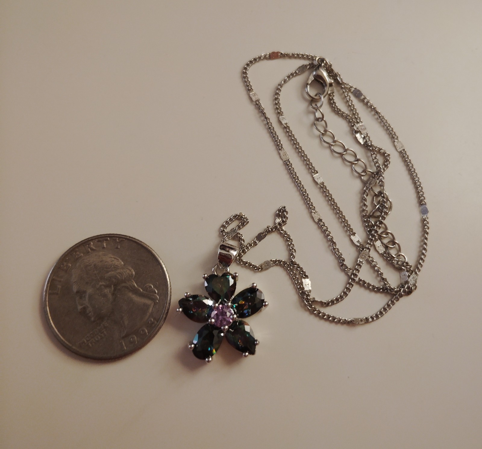 Sterling Silver 925 Mystic Topaz/Amethyst Heart Cut Flower Pendant Necklace Set!