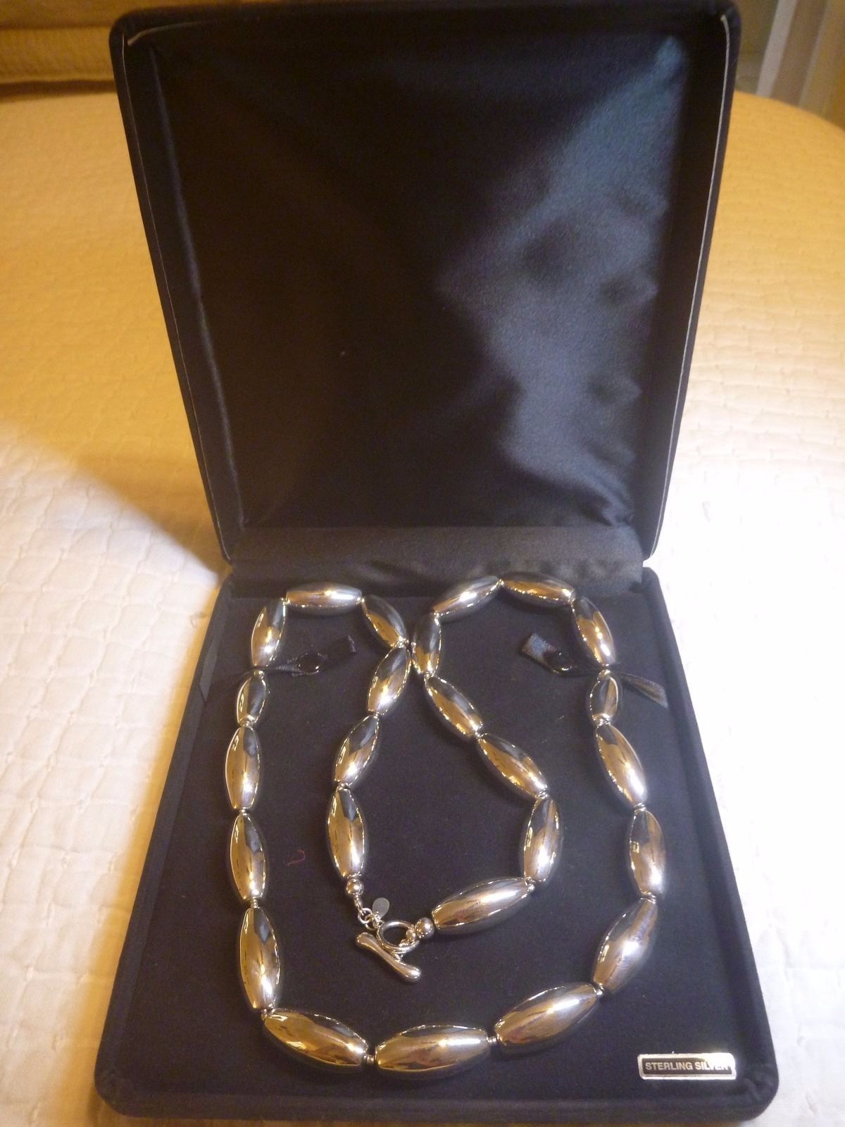 Sterling Silver Necklace 34 inch, Large Bold Statement Piece 1 3/16″× 1/2″ beads