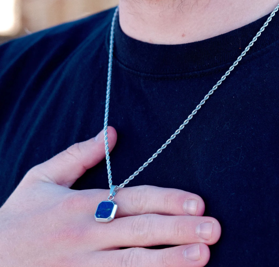 925 Silver Cushion Cut Blue Lapis Lazuli Pendant Birthday Gift For Men & Women