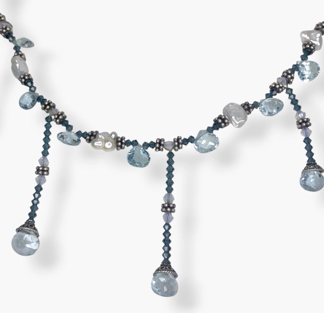 925 Sterling Silver Baroque Pearl Briolette Gemstone Fringe Beaded Necklace 32in