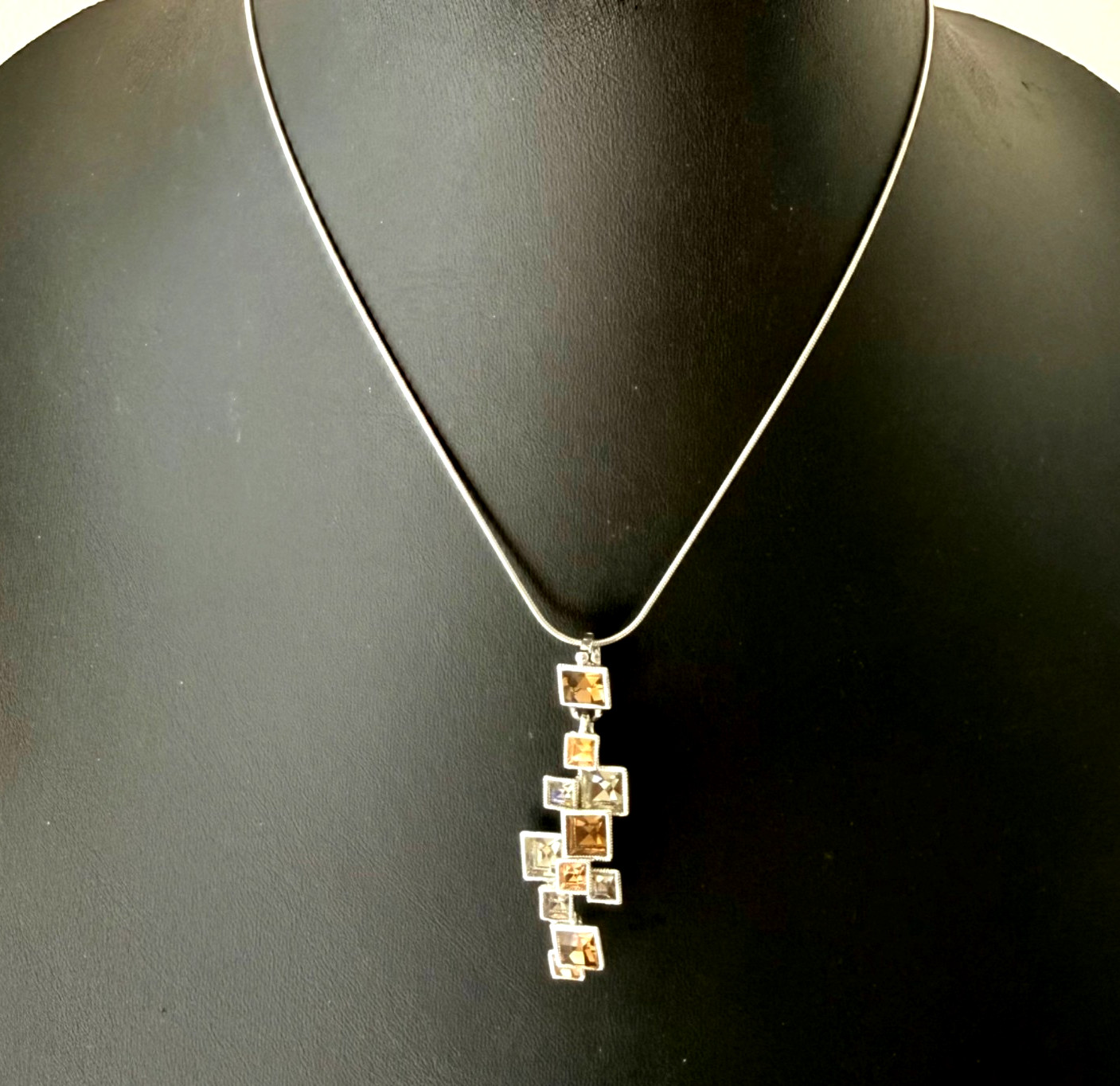 Sterling Silver Snake Chain Necklace Geometric Pendant Square Gemstones Chain