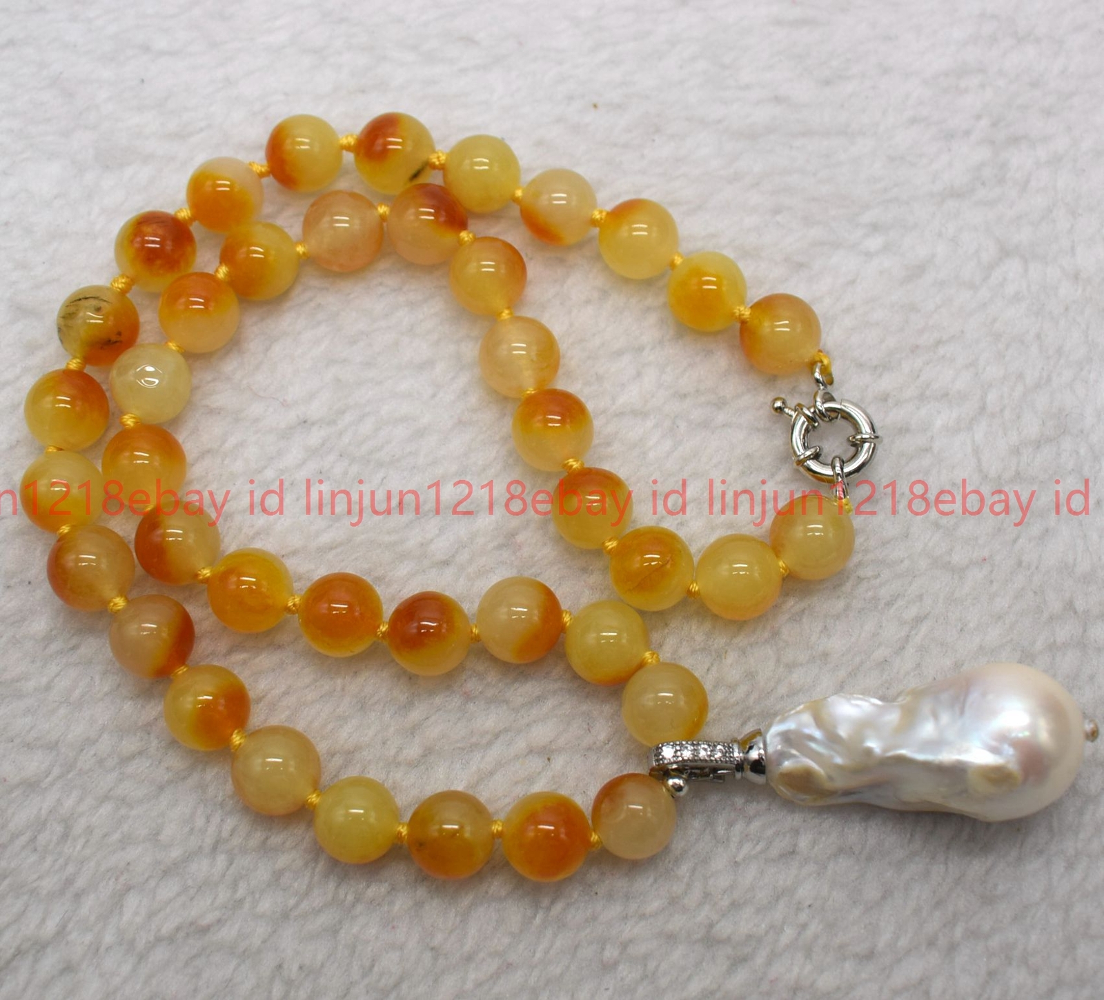 10mm Yellow Multicolor Jade Round Gems White Baroque Pendant Necklace 16-28in