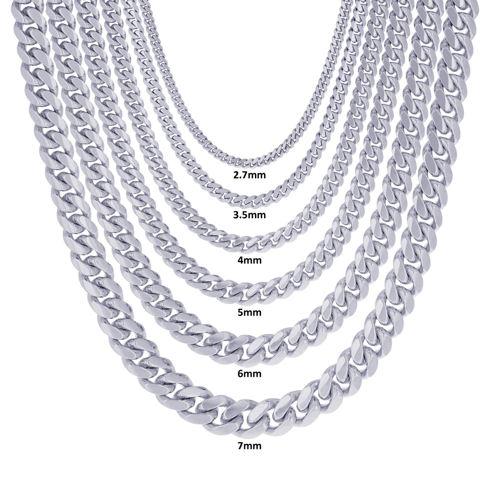 10K White Gold Solid 2.7mm-7mm Miami Cuban Chain Necklace Mens Womens 16″- 30″