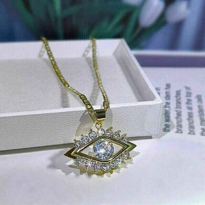 2Ct Round Cut Moissanite Evil Eye Pendant 14k Yellow Gold Plated Cable Chain 18″