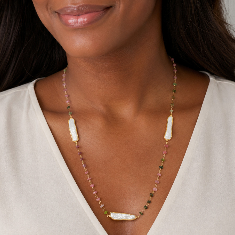 24″ 14 Karat Gold Plated Tourmaline and Cultured Freshwater Pearl Necklace