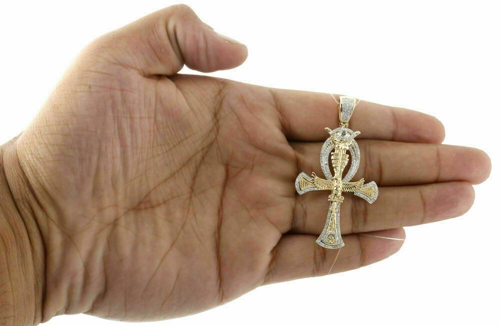 1Ct Lab Created Diamond Horus Eagle Ankh Cross Pendant 14K Yellow Gold Finish