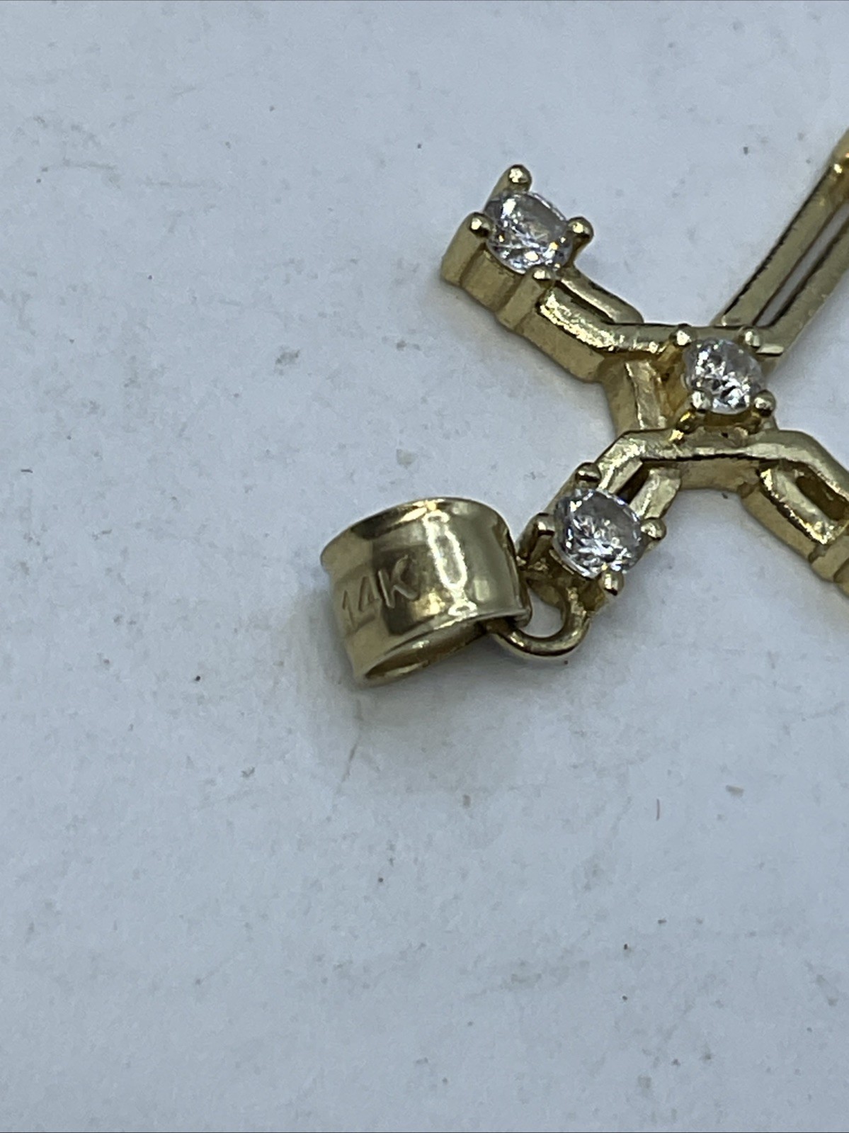 CROSS Charm Pendant (30mm x 17mm) Solid 13K Yellow Gold White CZ HANDMADE 2gr.