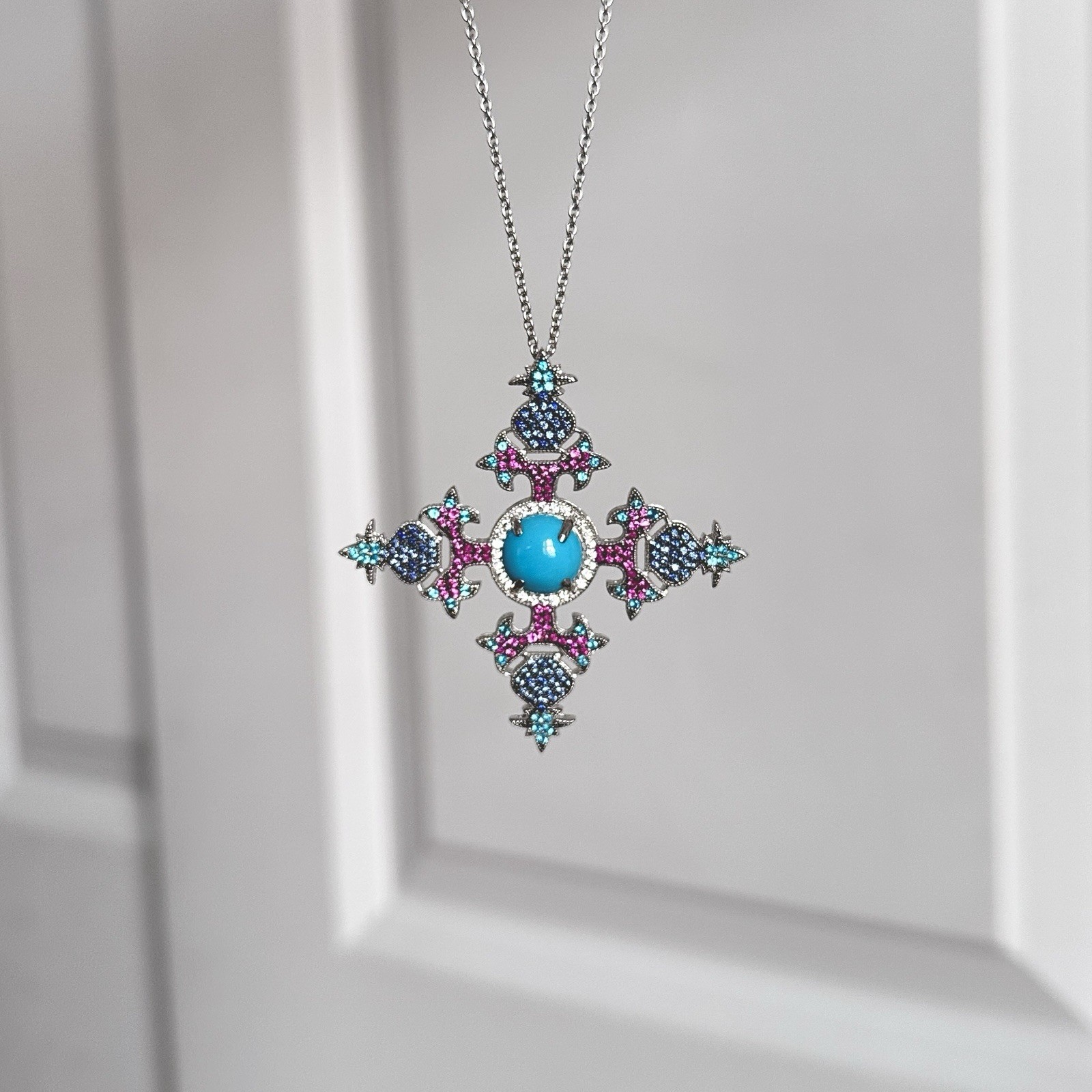Vintage Art Deco Sleeping Beauty Turquoise Sapphire Cross Pendant 925 Silver