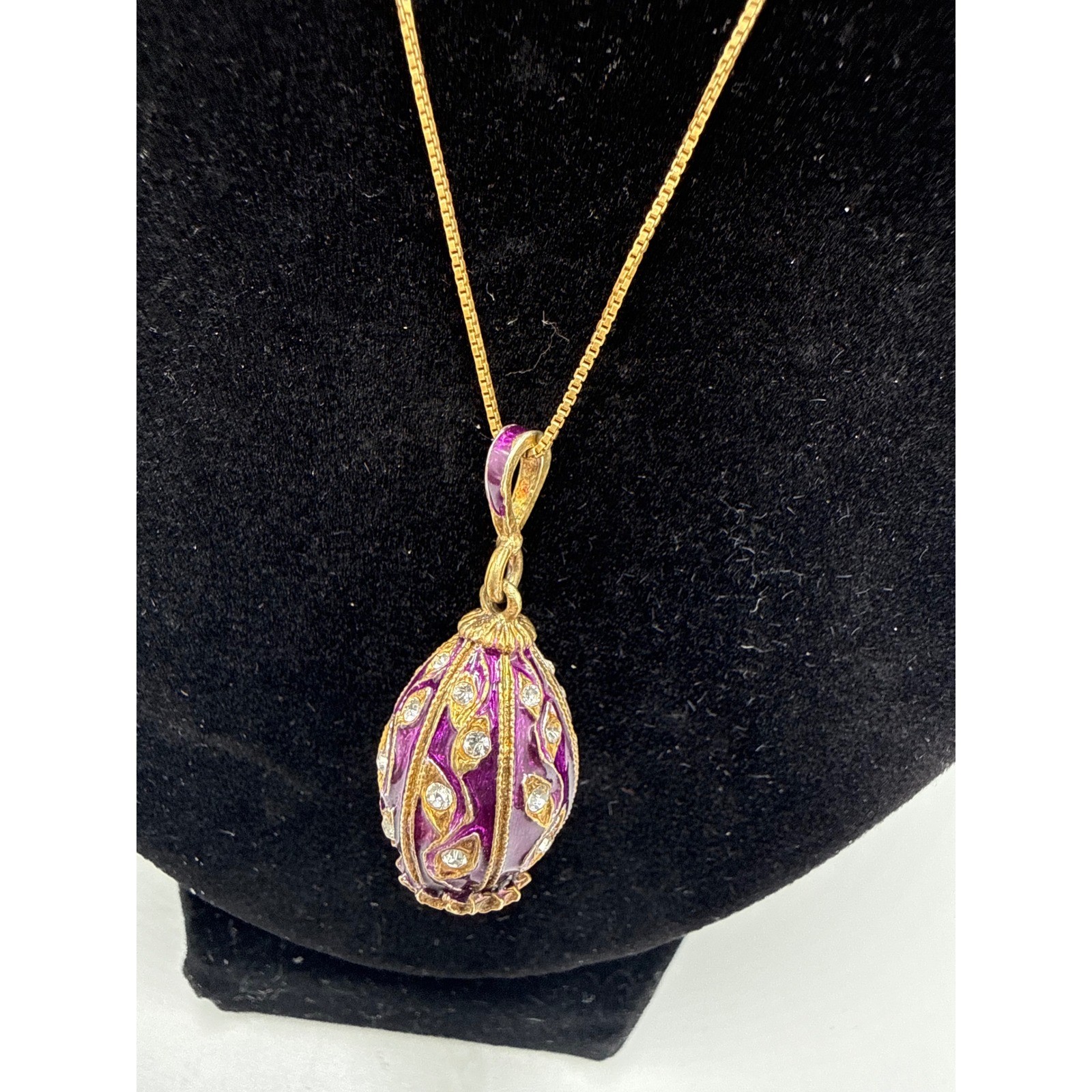 Sterling Silver Purple Enamel Egg Pendant Necklace Gold Tone Crystal Pearl 21in