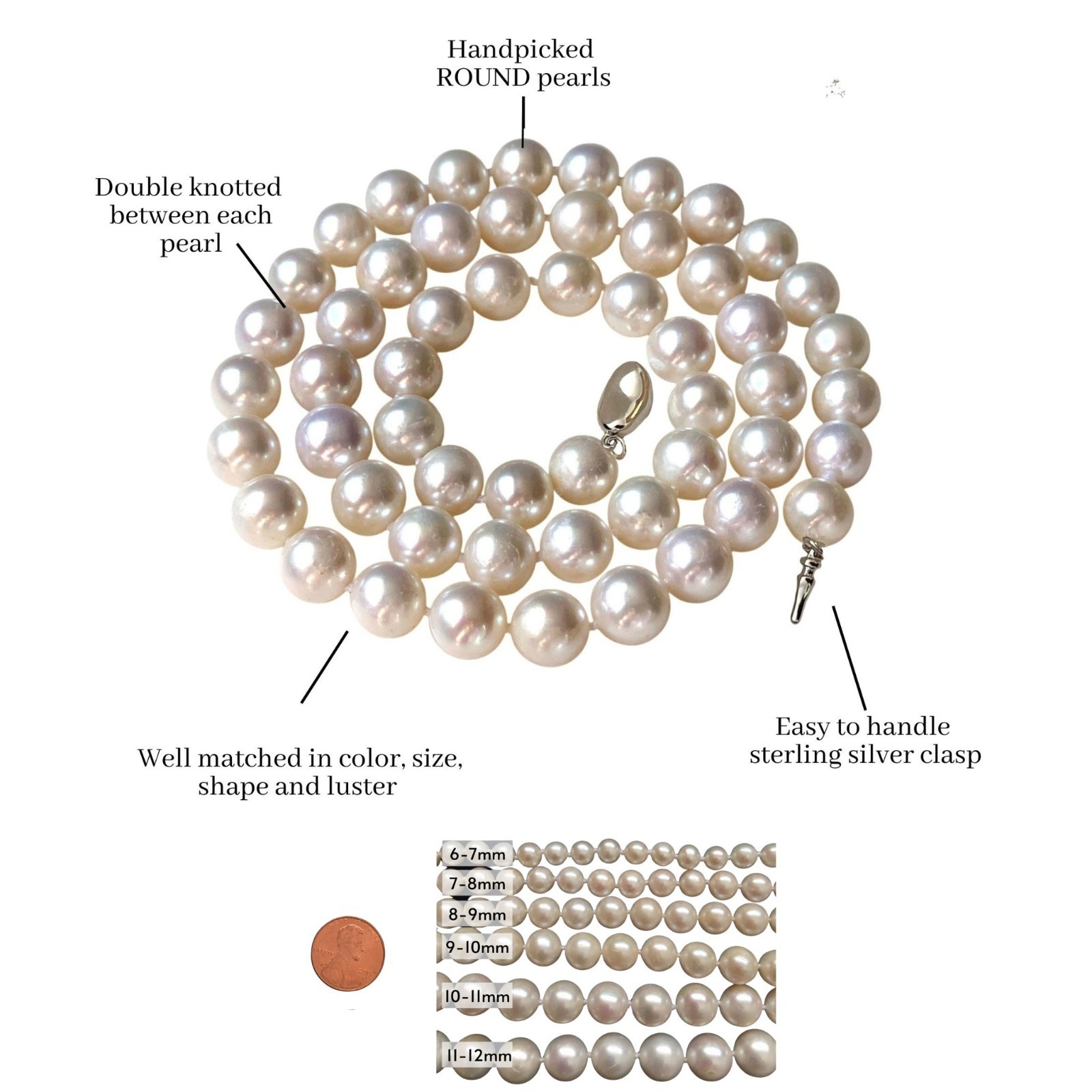 16 18 20″ ROUND White Pearl Strand Necklace Real Cultured Freshwater Jewelry