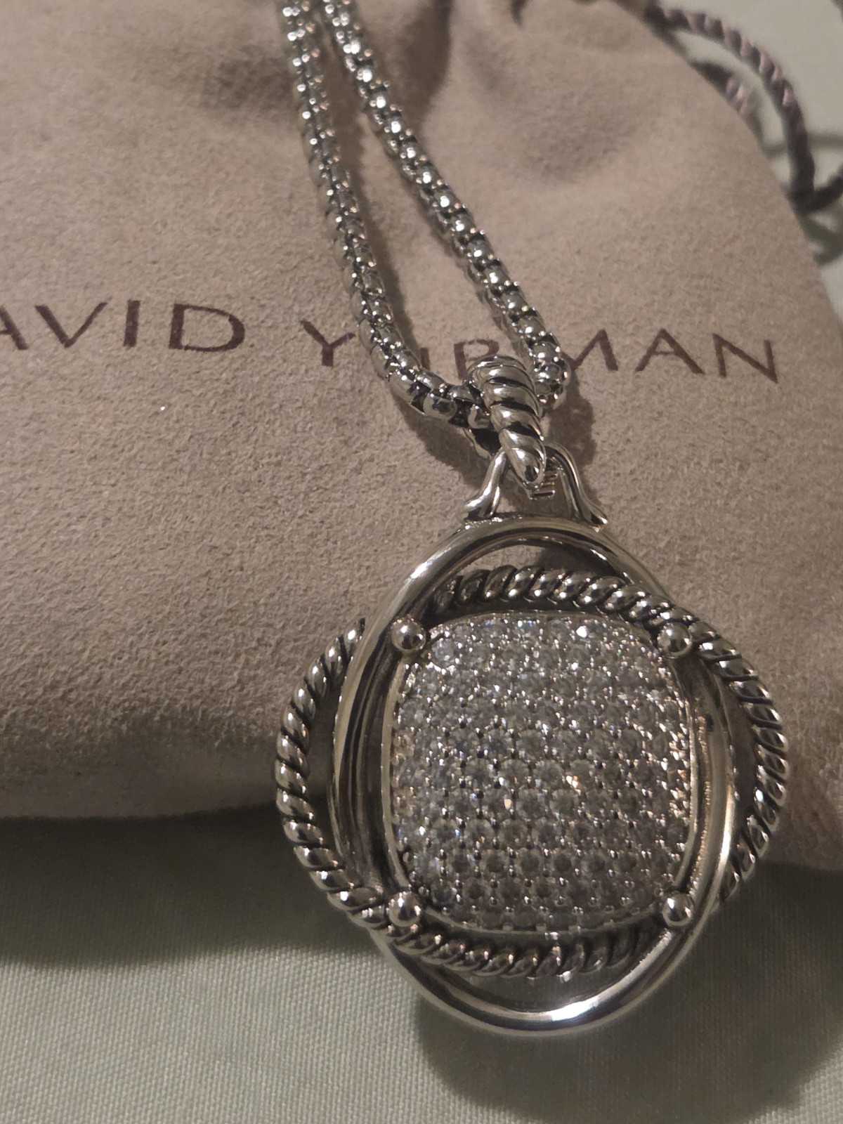 David Yurman Sterling Silver 32mm Infinity 22″ Necklace with Diamonds