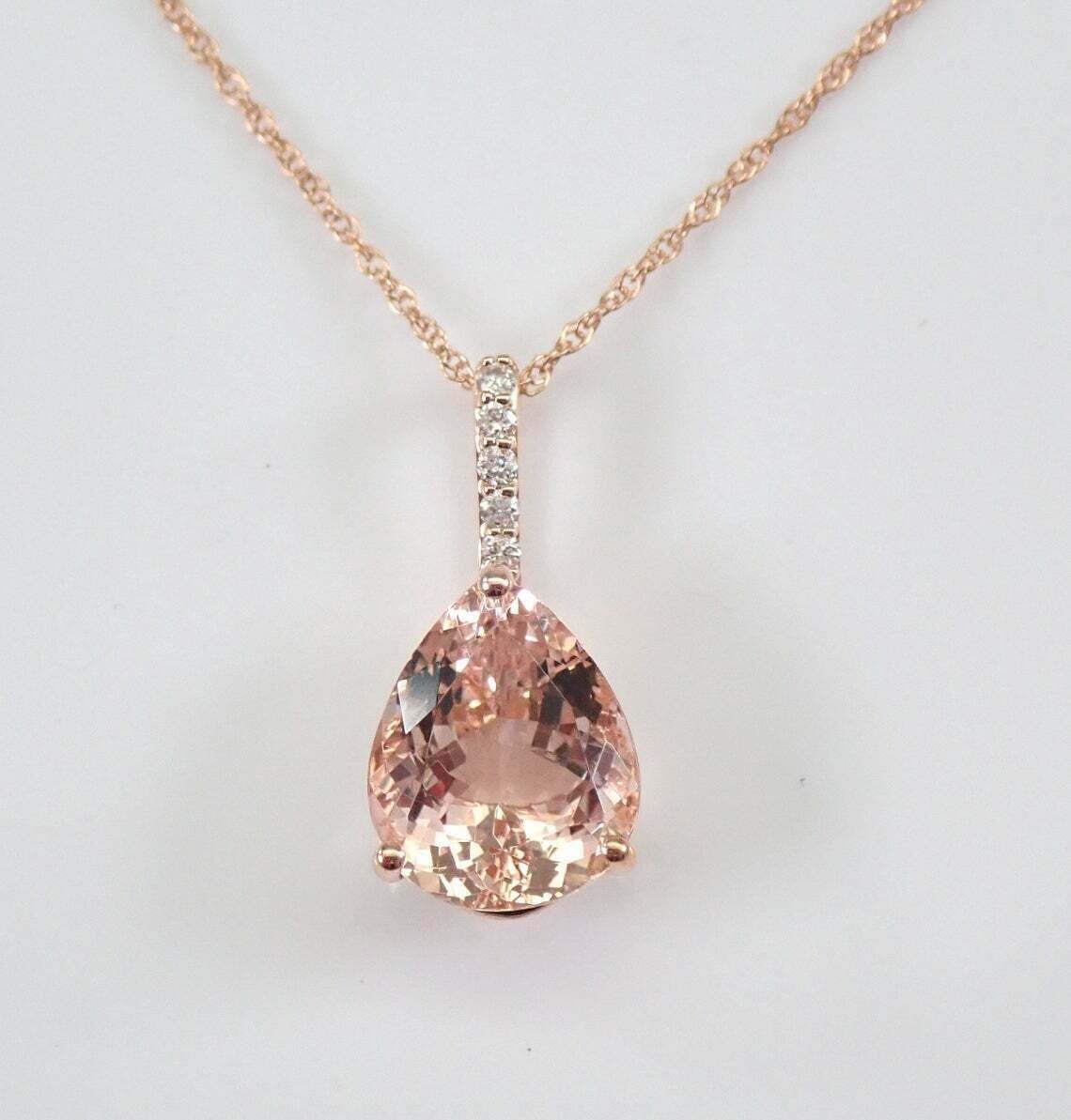 2Ct Pear Cut Morganite Diamond Solitaire Pendant 14K Rose Gold Finish Free Chain