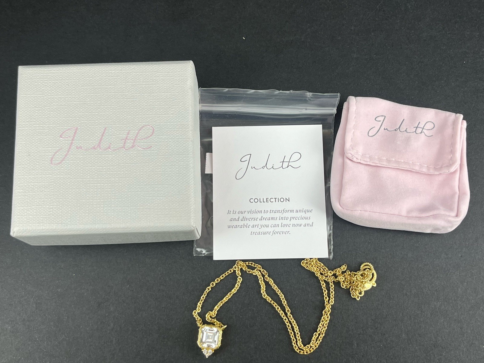 Judith Ripka 925 Gold Plated CZ Necklace Adjustable 18–20” Asscher Pendant