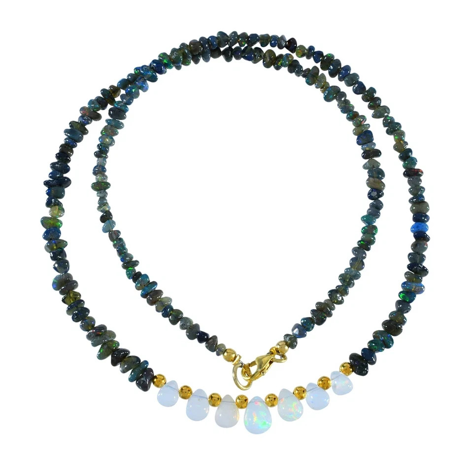 Natural Welo Fire Black Opal Nuggets Beads Necklace 925 Silver Handmade Chain