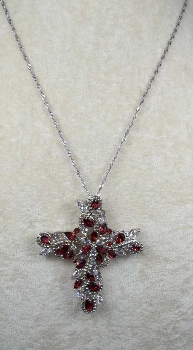 DK 925 Necklace With Deep Red And Clear Crystal Cross Pendant New!