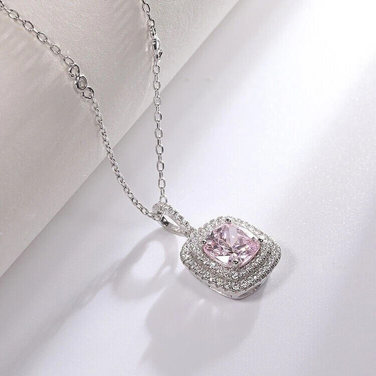2Ct Cushion Cut Sapphire & Diamond Halo Pendant 18″ Free Chain 14k White Gold FN