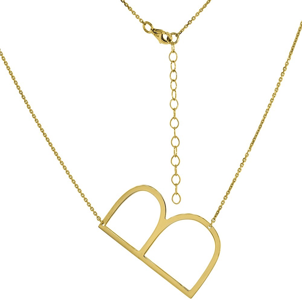 925 Sterling Silver Yellow Gold Plated Sideways Initial Necklace 1 1/2 Inch Wide