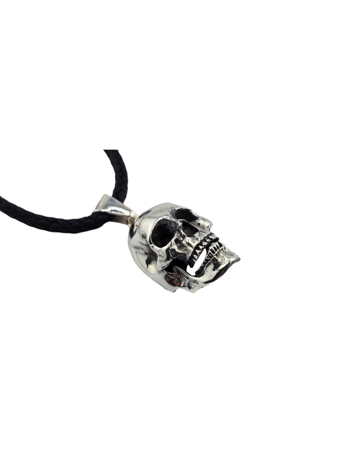 Handmade Solid 925 Sterling Silver Skull Pendant with Handwoven Leather Necklace