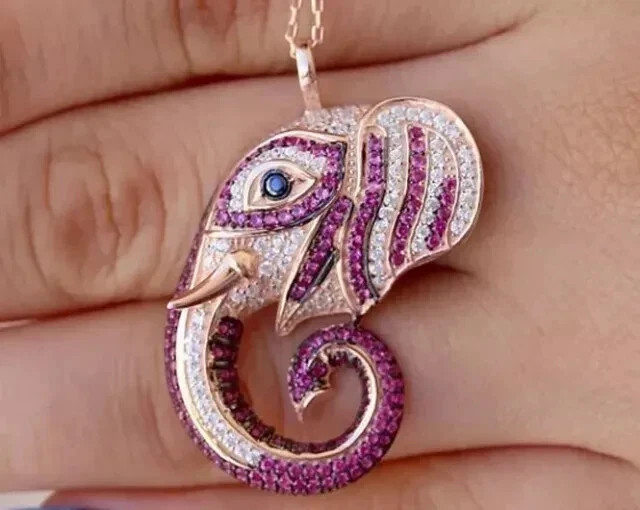 1.50CT Round Cut Lab Created Red Ruby Elephant Pendant 14K Yellow Gold Finish