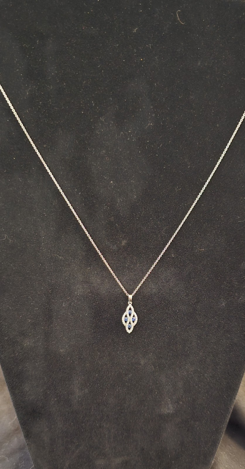 TBJ Zeghani 14K White Gold Blue Sapphire & Diamond Teardrop Drop Necklace 18″