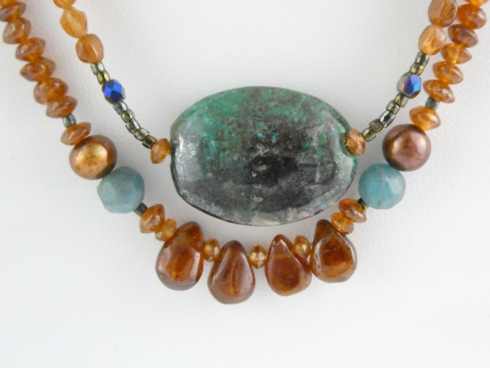 Sterling Silver Amber Chrysocolla Multi Gemstone Two Strand Necklace 17.5 In 19g