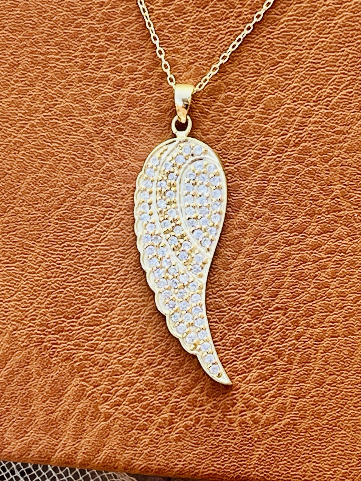 Designer FAS Gold Vermeil Over 925 Sliver White Gemstone Wing Pendant Necklace