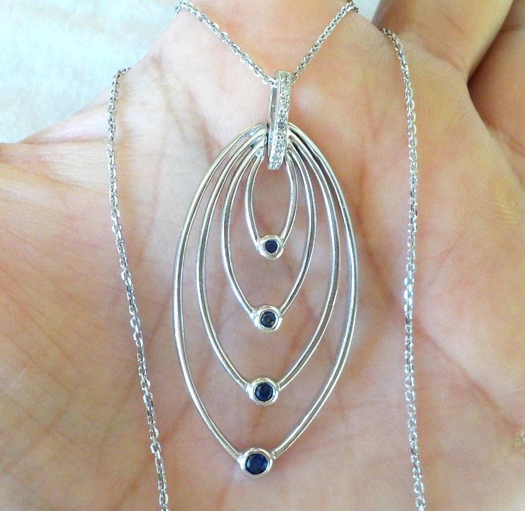 Modern 14K White Gold Blue Sapphire Diamond Necklace – 5.83 gms, 16 in, 0.20 ctw