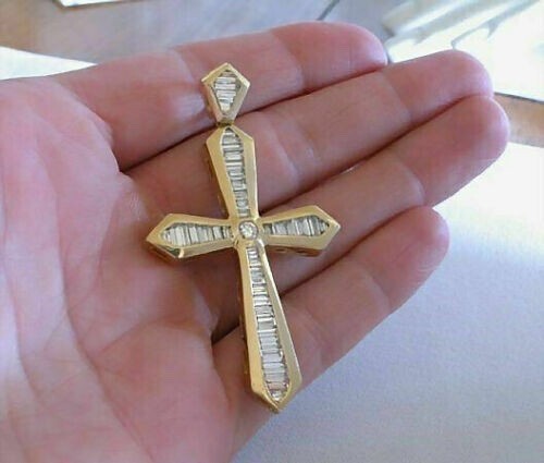14K Yellow Gold Finish One Row Shared Prong Diamond Cross Pendant Charm 2 ct