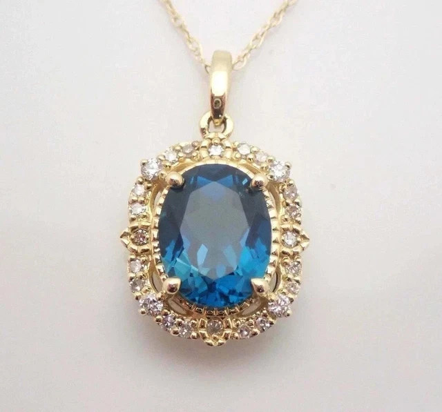 2Ct Oval Cut Lab Created London Blue Topaz Halo Pendant 14K Yellow Gold Plated
