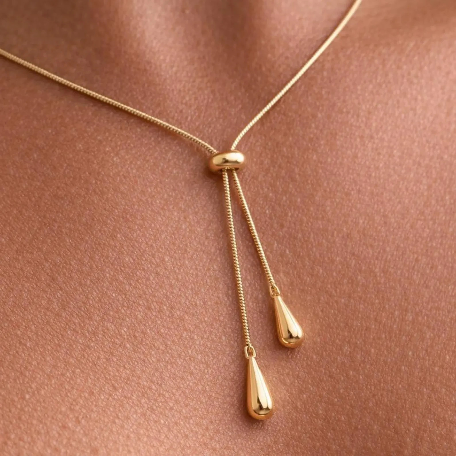 18K Yellow Gold Over Lariat Necklace | Adjustable Teardrop Pendant Chain 18″ RAR