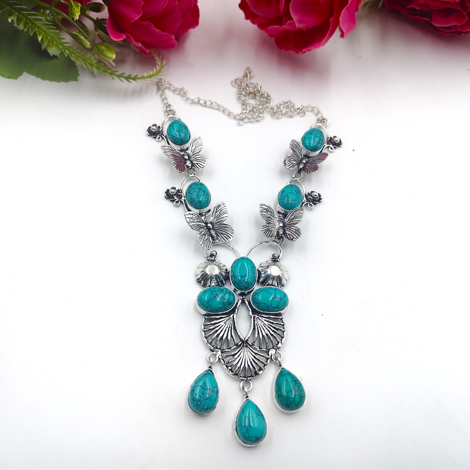 Blue Turquoise Gemstone Handmade 925 Sterling Silver Jewelry Necklace Sz-17-18″