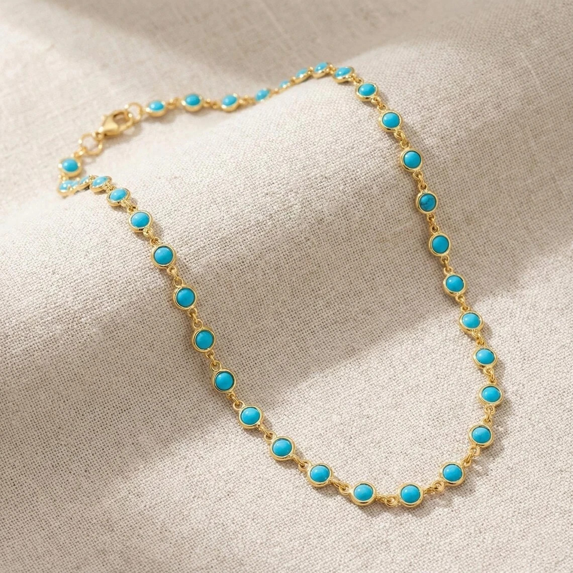Round Cut Blue Turquoise Station Necklace Lobster 18in 14k Yellow Gold Plated