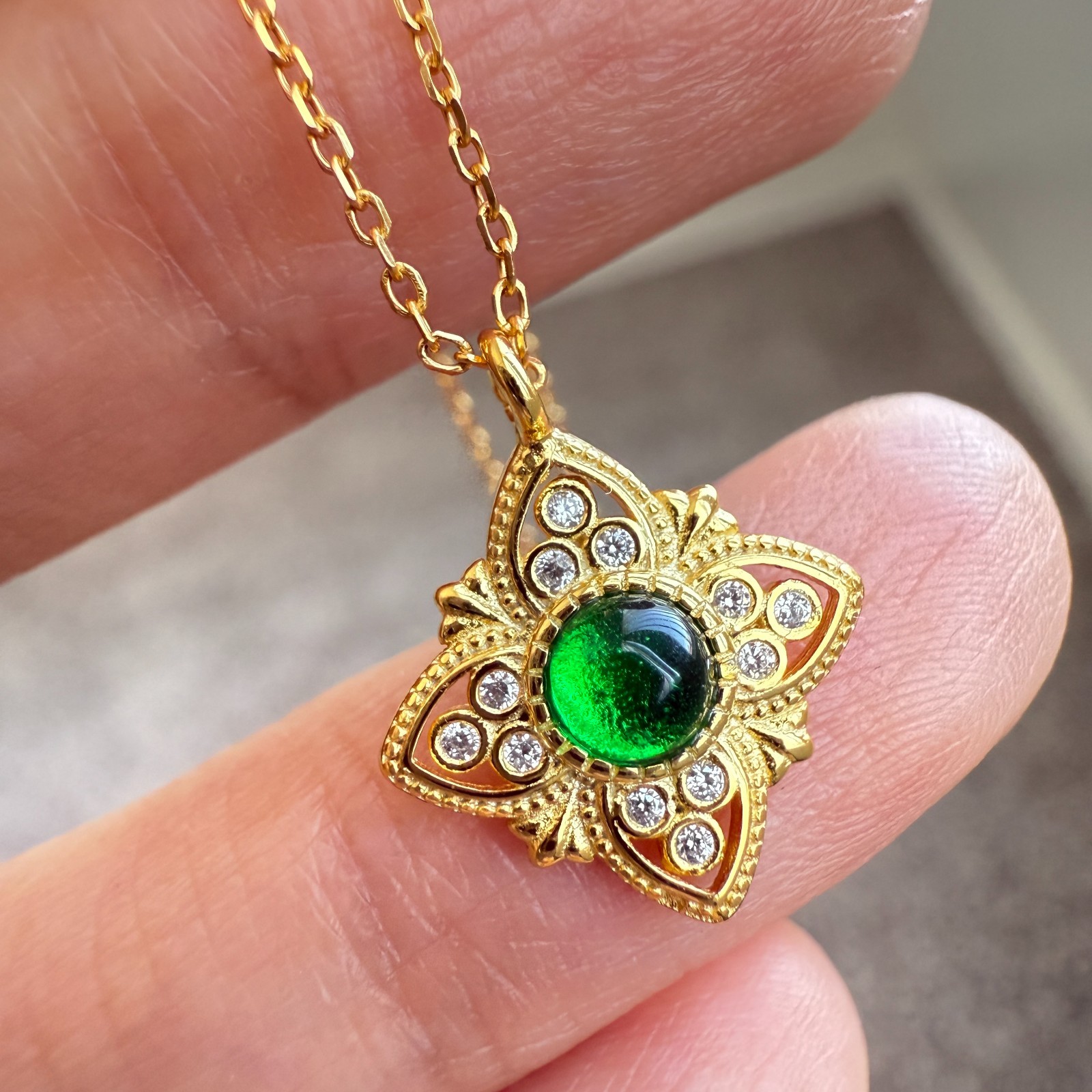 925 Sterling Silver Necklace 4mm Natural Emerald Zircon Gemstone Flower Jewelry