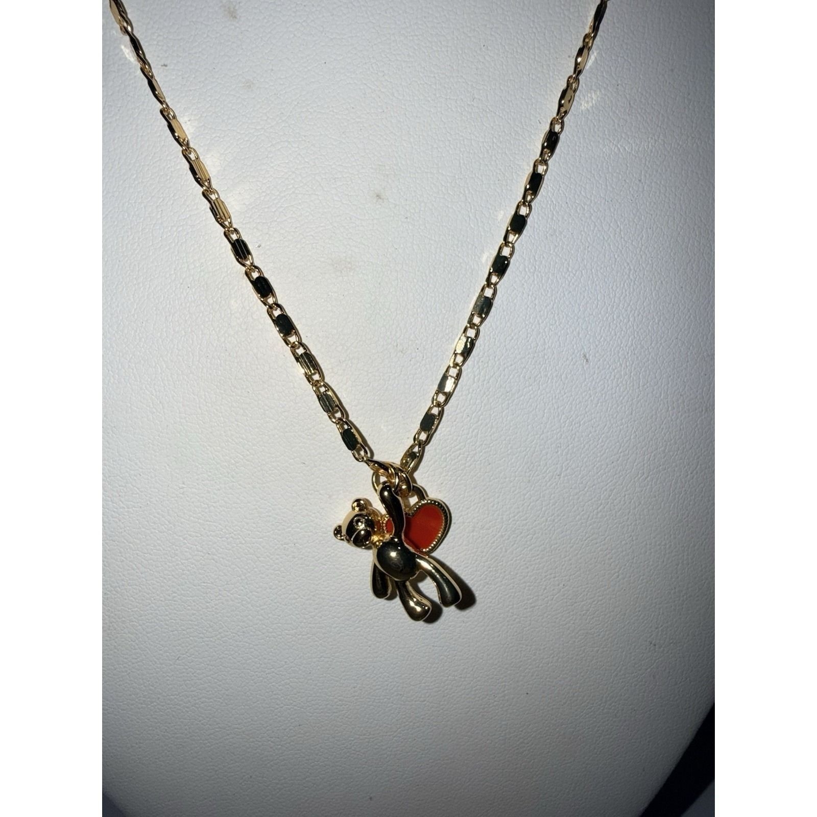 EVRY Jewels Dainty Necklace Gold Tone Adjustable Stackable Teddy Bear Red Heart