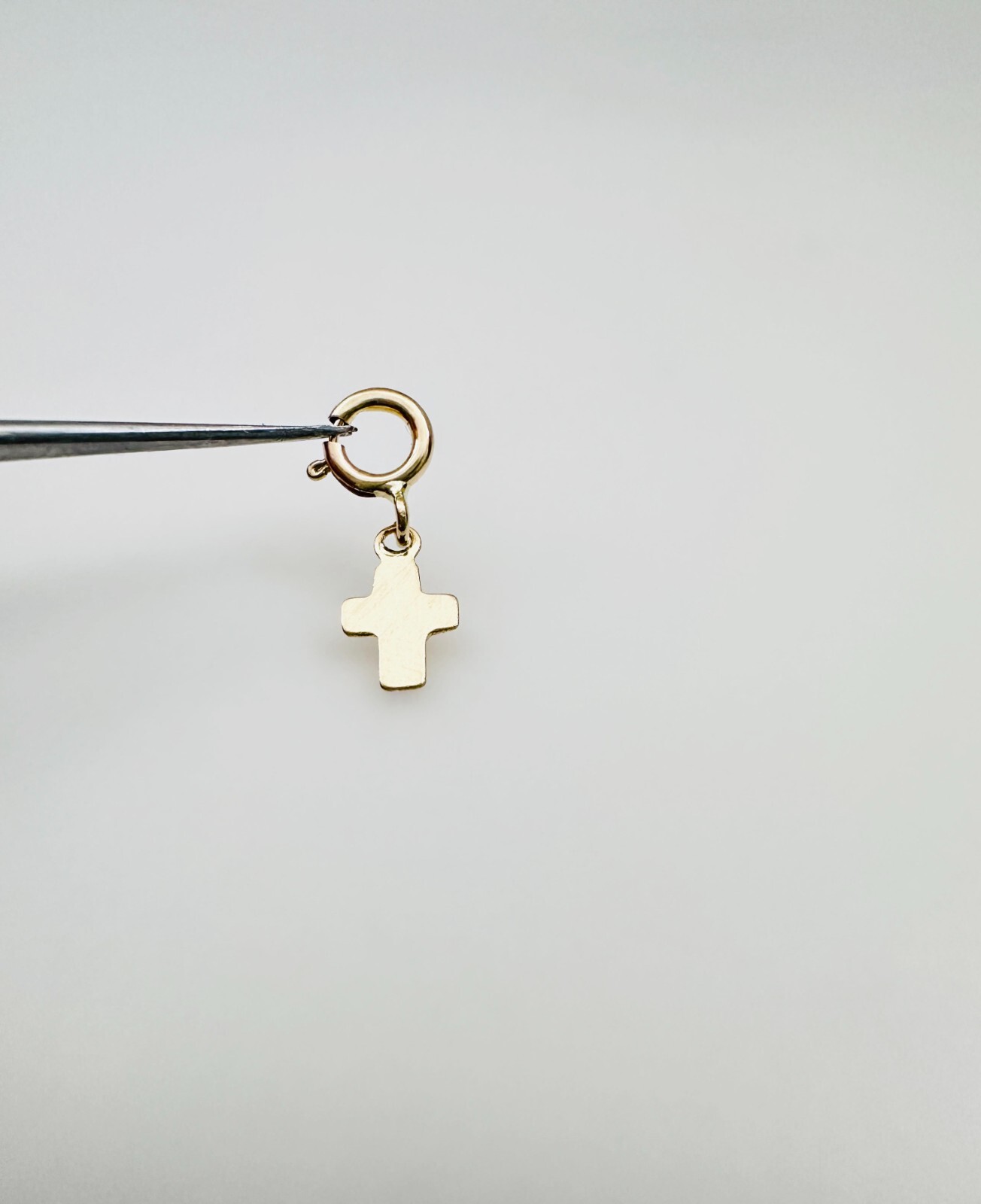 14K Solid Yellow Gold Teeny Tiny Cross Charm Pendant w/Spring Clasp